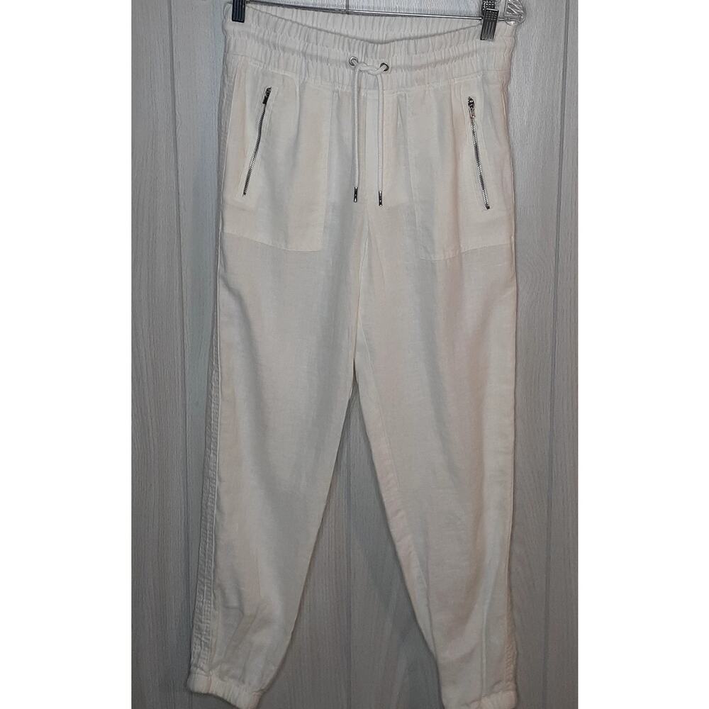 Athleta Cabo Linen Jogger 100% Linen Cream Color Size 4 Zipper Pockets Tie Waist